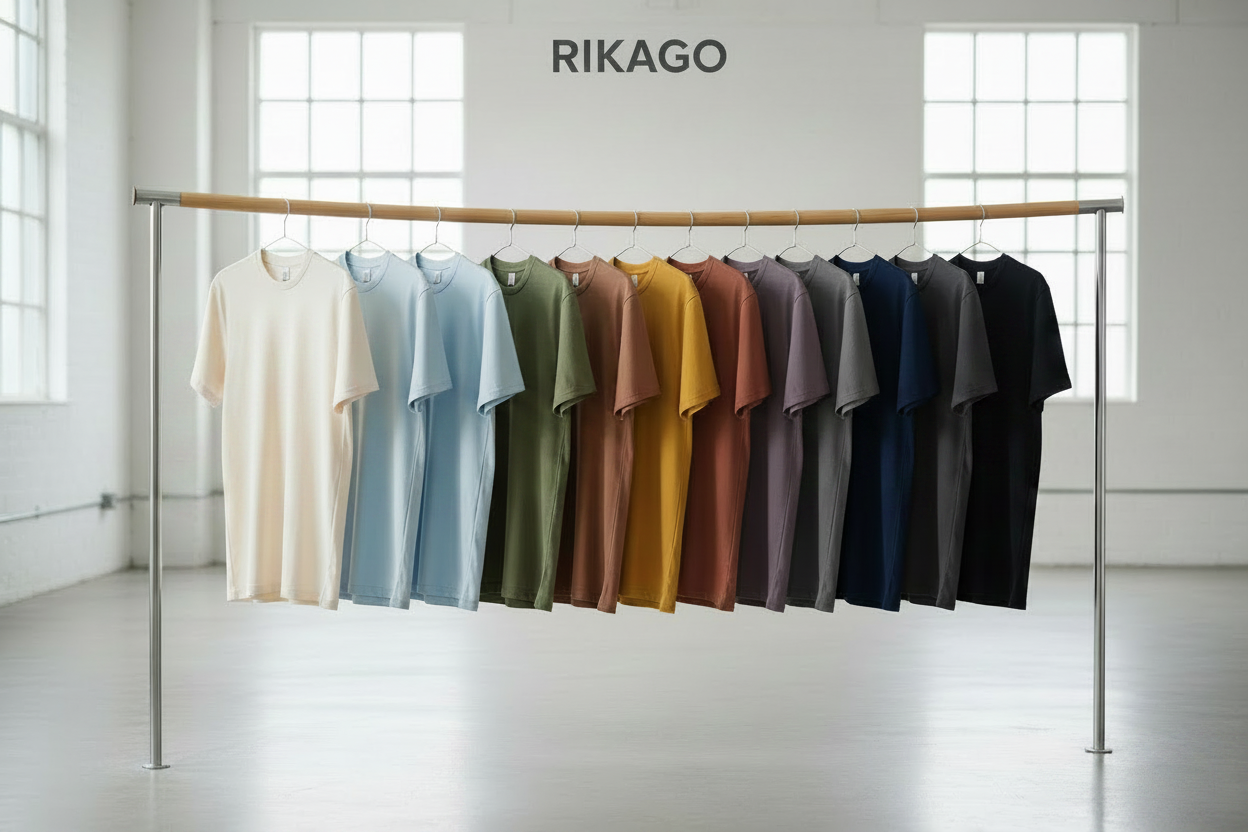 Three people wearing colorful t-shirts with Rikago branding on a vibrant background